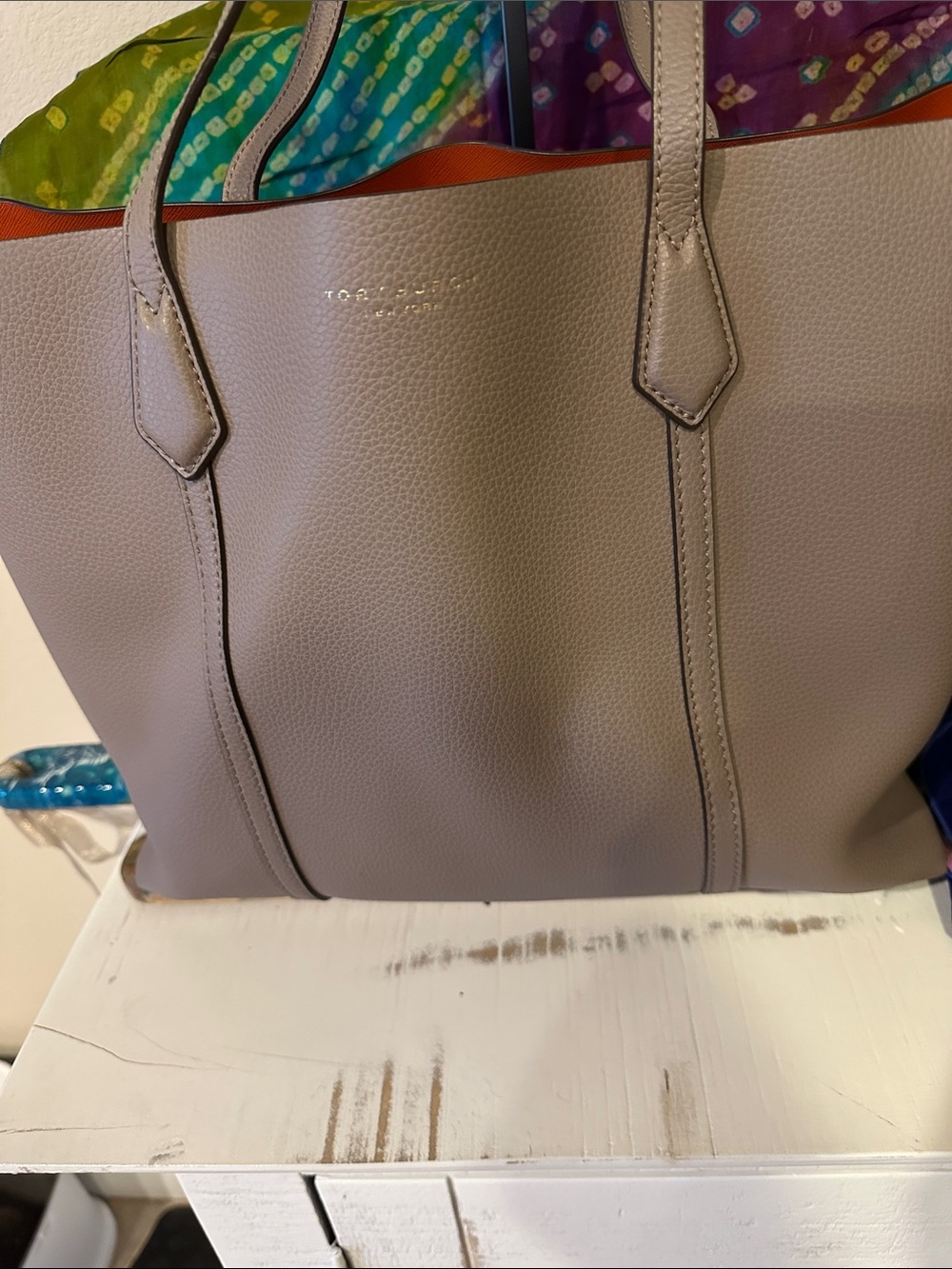 Tory Burch Pebbled Taupe Leather Tote with Orange Trim